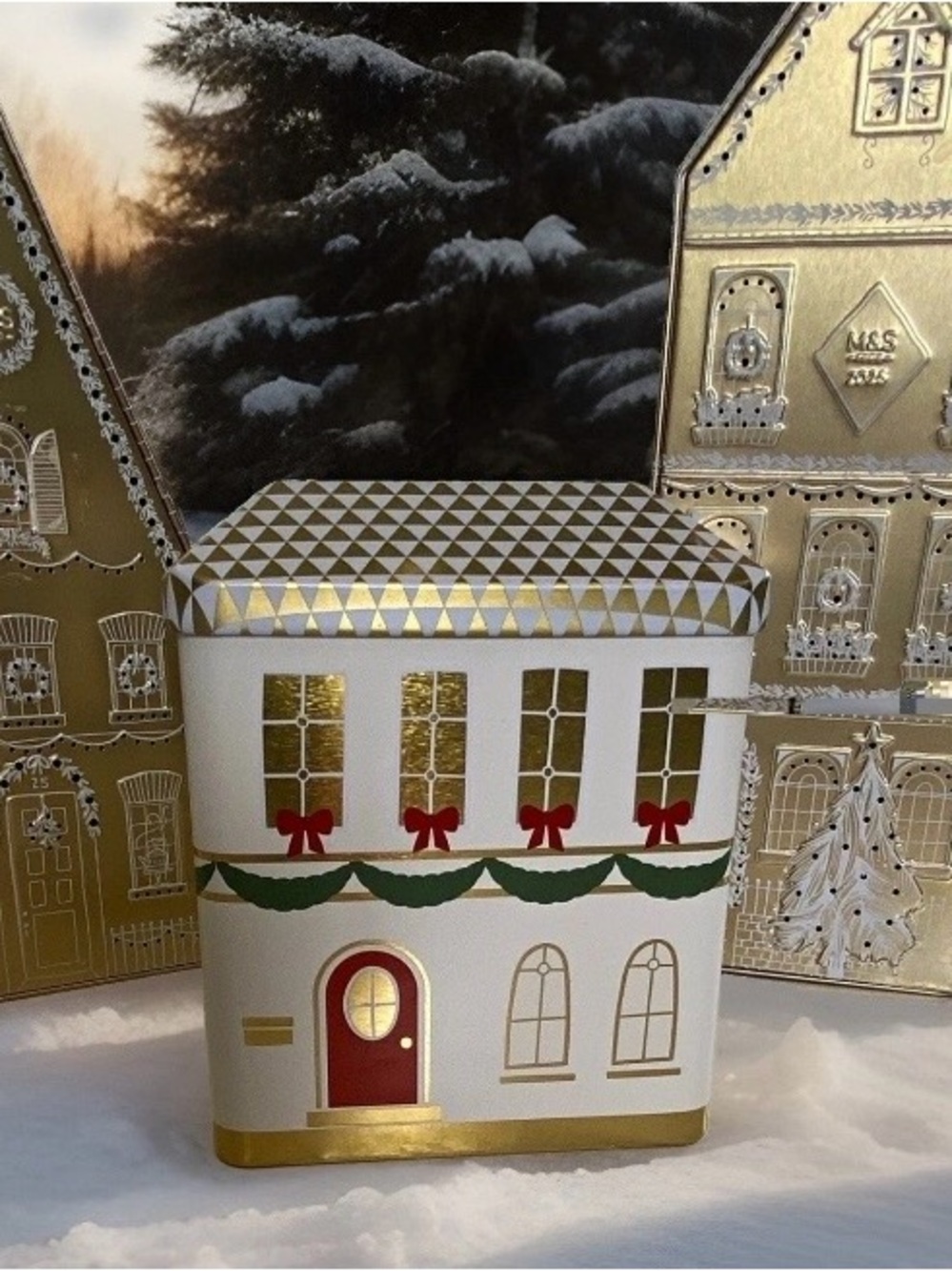Marks & Spencer 2025 House-Shaped Advertising Tin Set of 3, Gold & White